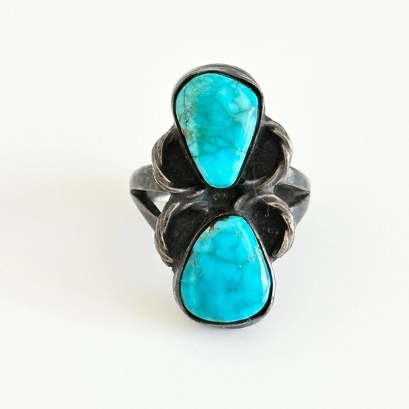 Vintage 925 Sterling Silver Turquoise Oxidized Darkened Band Ring Size 5.5 - Picture 1 of 8